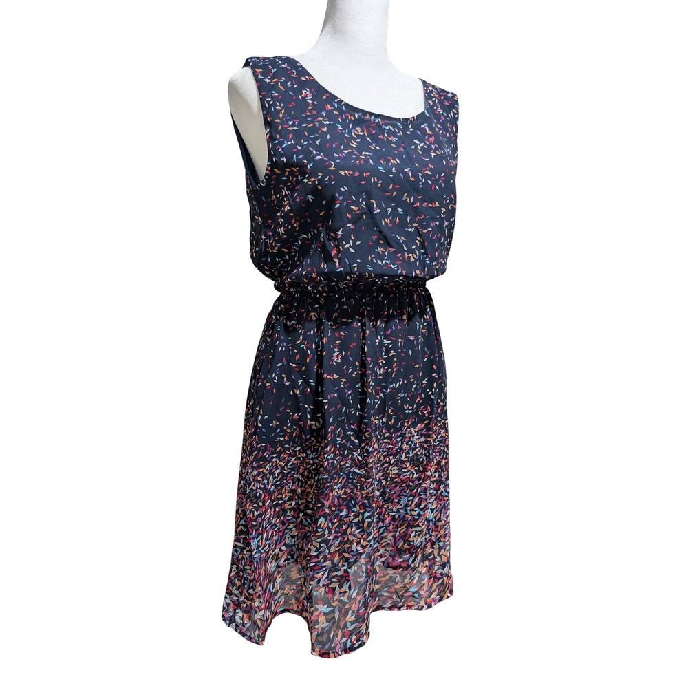 SM Wardrobe Navy Blue Confetti Print Sleeveless Fit and Flare Dress M/L NWT